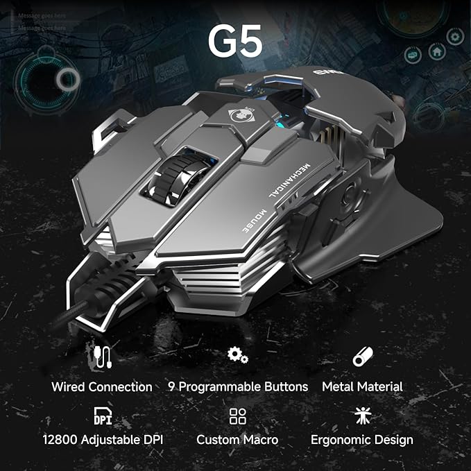 EWEADN G5 Wired Gaming Mouse, Ergonomic RGB Computer Mouse, 12800 Adjustable DPI, 9 Programmable Macro Buttons with Rapid Fire Key Compatible for PC/Laptop/Windows-Grey&White-DeskLoop Office