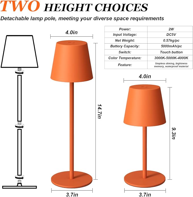 Kakanuo Cordless Table Lamp Rechargeable Orange - Image 5