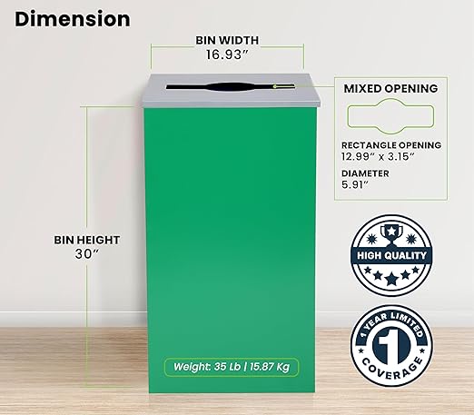 Alpine Commercial Indoor Recycle Bin - 29 Gallon Modern Looking Green Recycle Bin, Office Recycling Bins, Metal Trash and Recycling Container with Stickers & 3 Optional Lids (lid Sold Separately)-DeskLoop Office