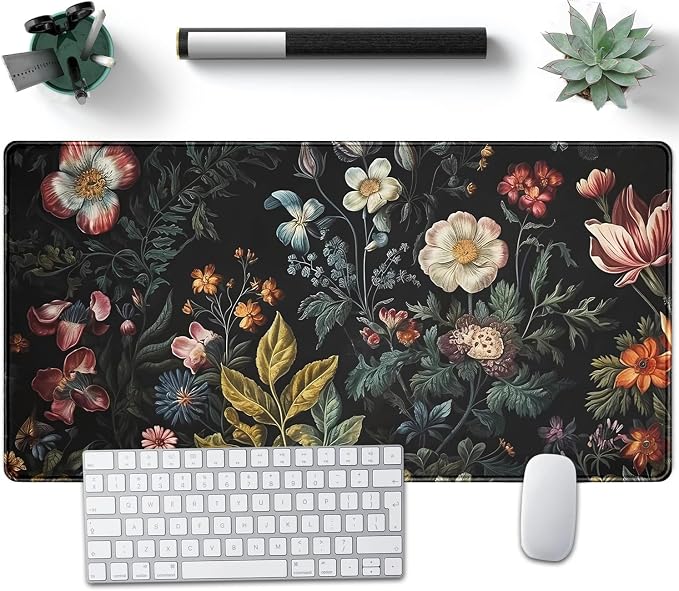 Floral Desk Mat Dark Academia Vintage Aesthetic Desk Pad Flower Plant Large by Nasdalgias