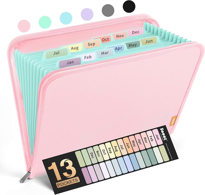 Sooez 13 Pocket Accordion File Organizer, Zipper Expanding File Folder Organizer by Sooez