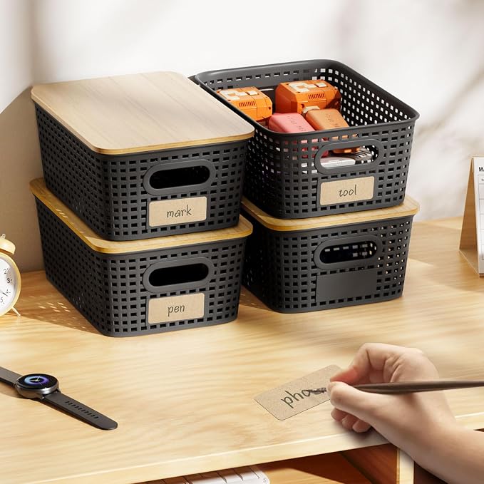 6Pcs Storage Bins with Lids, Stackable Plastic Storage Basket with Bamboo Lid - Image 9