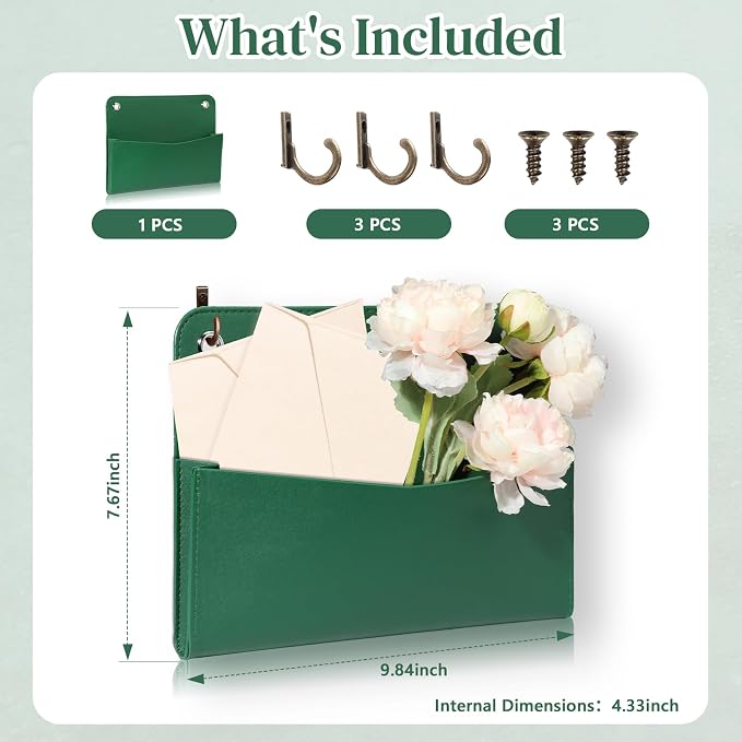 Wall Mount Green Faux Leather PU Leather Mail Holder Letter Holder Stylish Wall - Image 2