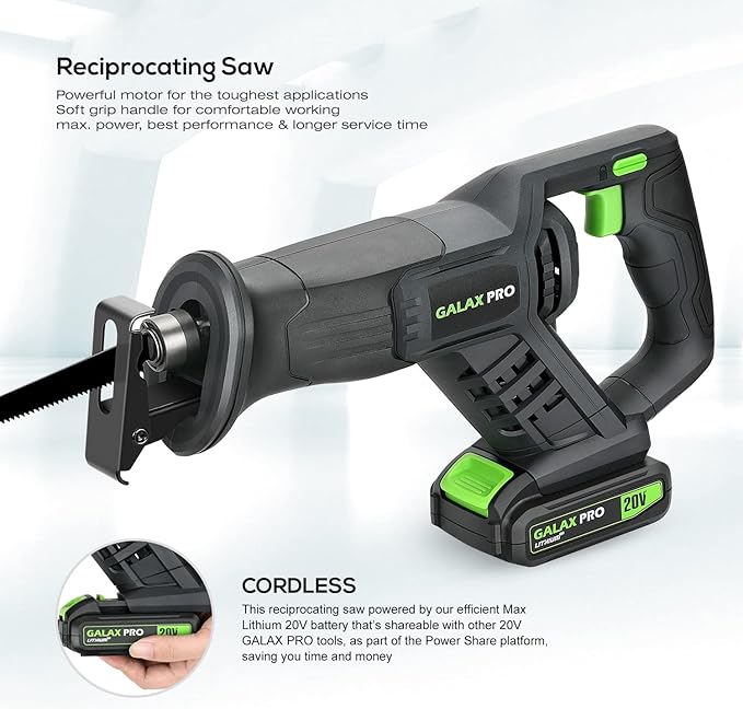 GALAX PRO Cordless Reciprocating Saw with 20V 2.0Ah battery, 0-3000RPM Variable Speed Power Reciprocating Saws with 7/8" Stroke Length,5pcs Zallsaw Blade for thin wooden board, soft metal Cutting-DeskLoop Office