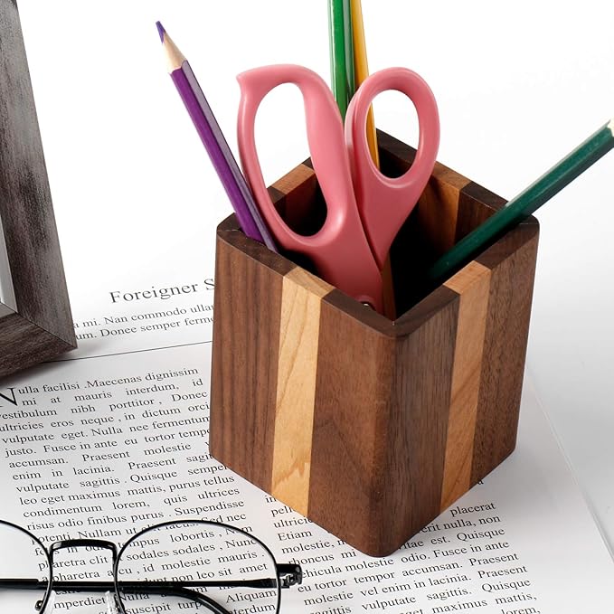 Walnut Pencil Holder Wood Pen Holder For Desk Pen Cup Organizer Ofiice Pencil Stand Simple(Cherry center walnut side)-DeskLoop Office