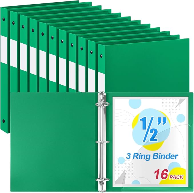 Henoyso 16 Pcs 3 Ring Binder 1/2'' Round Fits Letter Size 8. 5'' x 11'' Paper Plastic Flexible Binder Holds 100 Sheets with 1 Pockets Versatile Organizer for Office Home School (Green)-DeskLoop Office