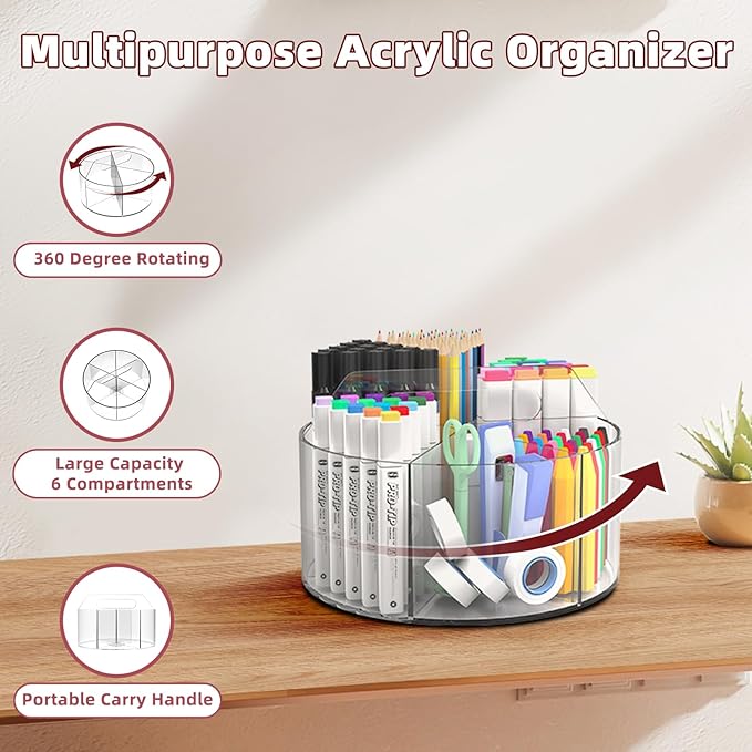 Absonic Acrylic Pen Holder Pencil Organizer, 360-Degree Rotating Pencil Holder, Crayon Organizers for Kids Marker Organizer Caddy Art Supply Kids Desk Organizers for Office Home School-DeskLoop Office