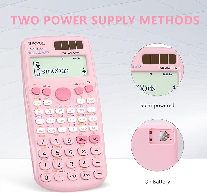 Scientific Calculators, IPepul Pink Math Calculator with 417 Function, Solar Battery Power and 4-Line Display, School Supplies for Middle High College Students Teachers (Pink 991ES Plus)-DeskLoop Office