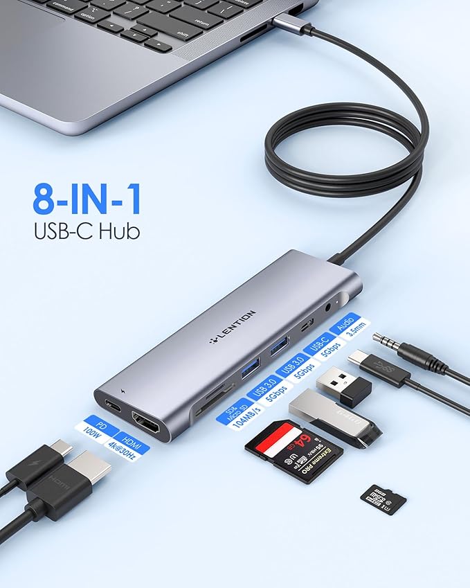 LENTION 3.3FT Long Cable USB C Hub with 4K HDMI, 2 USB 3.0, Card Reader, Aux, Type C Data/Charging Compatible 2024-2016 MacBook Pro, Mac Air/Surface, More, Stable Driver Adapter (CB-C37, Space Gray)-DeskLoop Office