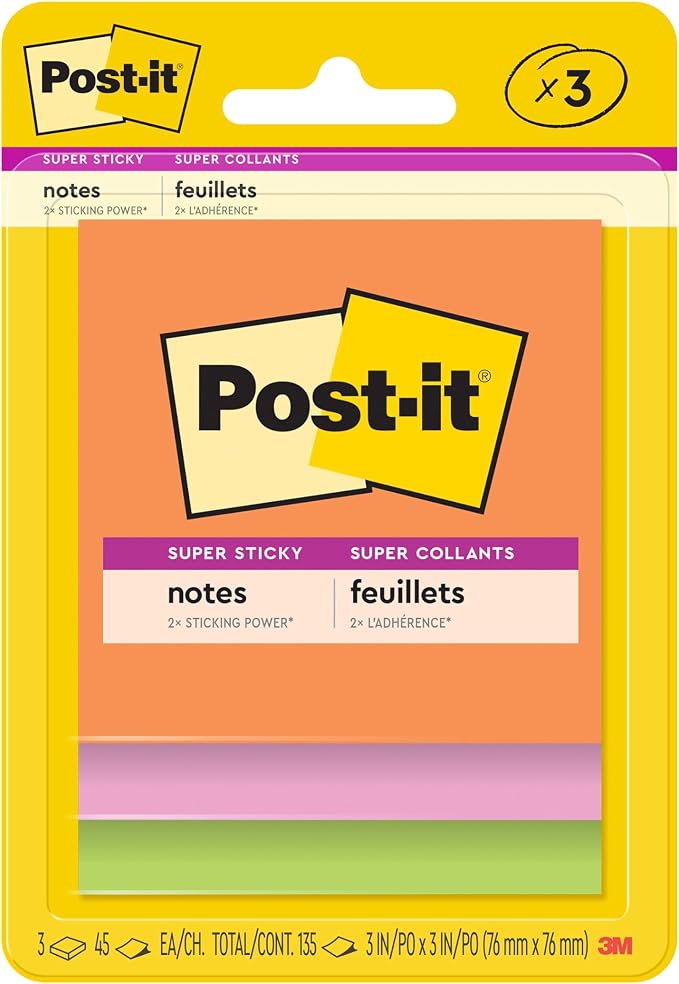 Post-it Super Sticky Notes, 3 x 3 in, Neon Fizz, 3 Pads, 45 Sheets/Pad | School by Unknown