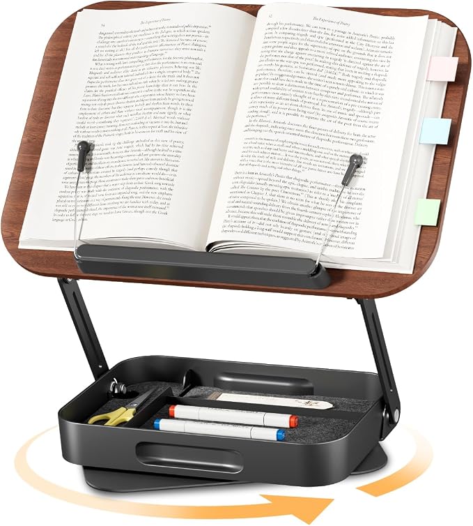 Adjustable Book Stand with Storage Drawer, 360° Rotating Book Holder, Height & by SupeDesk