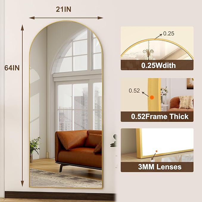 HARRITPURE Arched Full Length Mirror - 64"x21" Free Standing Leaning Mirror Hanging Mounted Aluminum Frame Modern Home Decor for Living Room Bedroom Cloakroom, Gold-DeskLoop Office