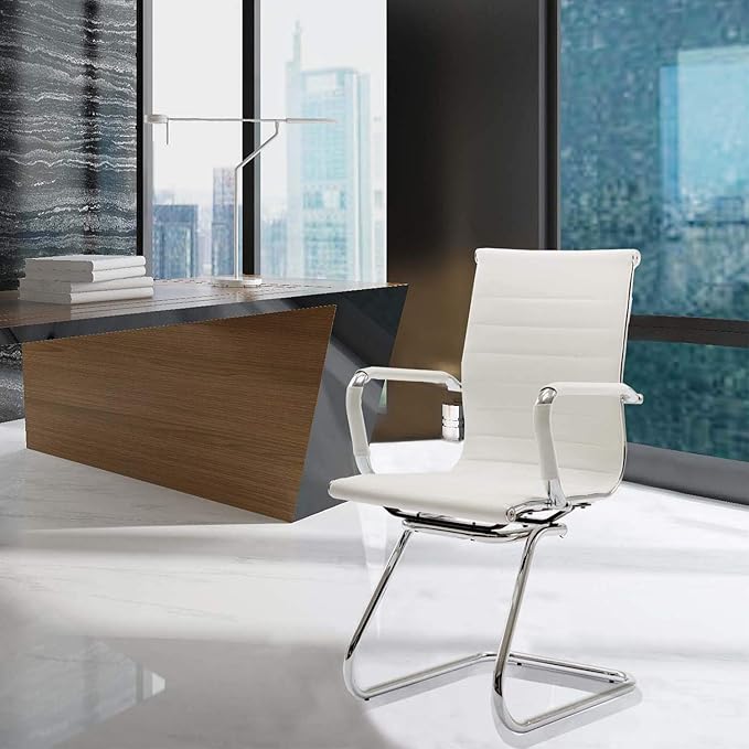 Reception Chairs Leather Conference Chairs No Wheels Back Support Heavy Duty Office Guest Chair, Set of 2 (White)-DeskLoop Office