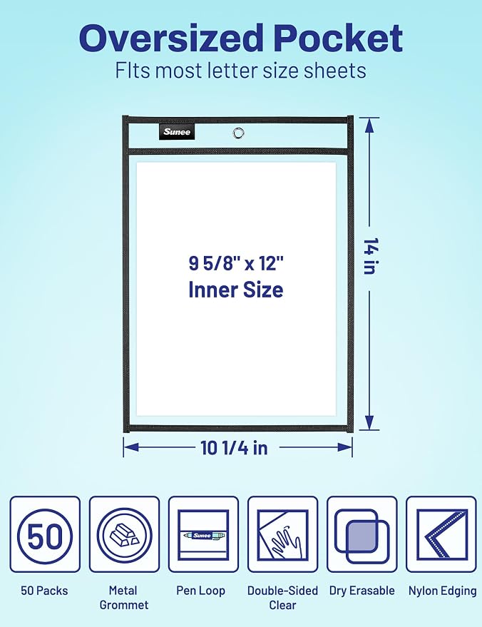 SUNEE 50 Packs Oversized Reusable Dry Erase Pocket Sleeves - Image 2