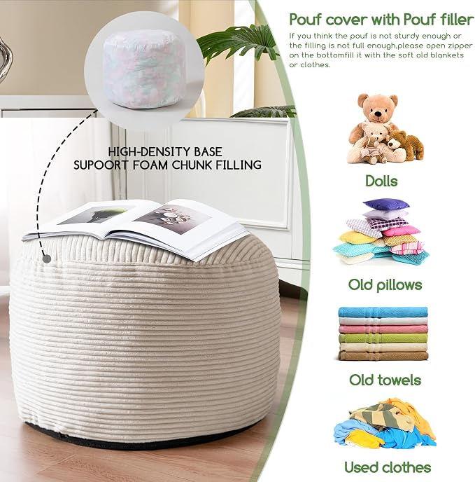 HIGOGOGO Round Stuffed Pouf Ottoman, Corduroy Poufs - Image 4