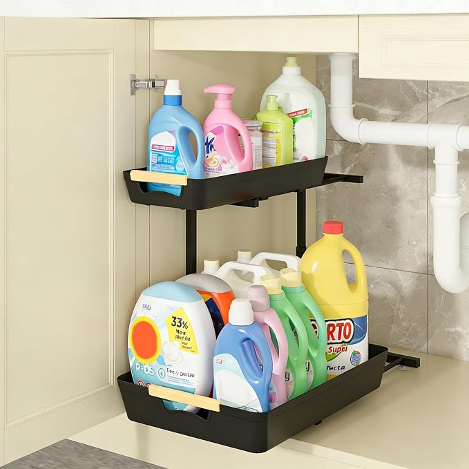 AMEDELE Under Sink Organizer, 2 Tier Pull Out Adjustable Height Under Cabinet by Unknown