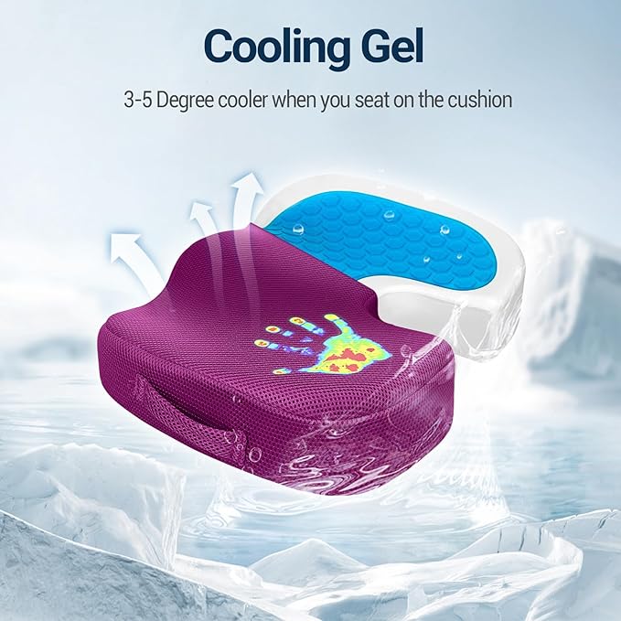 Gel Seat Cushion for Car Office - Memory Foam Pain Relief Chair Pillow Cushions - Tailbone Sciatica Coccyx Butt Lumbar Support Pad for Sitting Driving Traveling, Mesh, Purple-DeskLoop Office