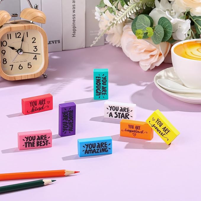 PerKoop 150 Pcs Inspirational Erasers Bulk Back to School Gifts Colorful Motivational Pencil Erasers for Kids First Day of School Favors for Students Teachers Classroom Office Supplies-DeskLoop Office