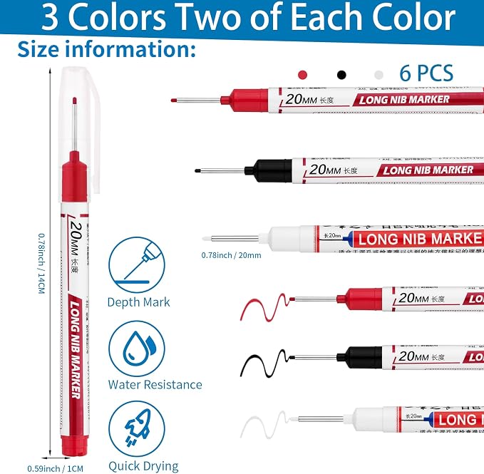6 PCS Long Head Deep Hole Marker Pens, 20mm Long Nib Marker, Longs Nose Markers - Image 2