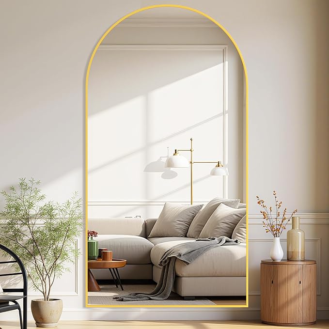 Full-Length Floor Mirror with Stand, 81"x41" Arched Style Full Body Standing Mirror for Bedroom, Living Room, Gym, Dorm - Shatter-Resistant & Easy Assembly, Gold-DeskLoop Office