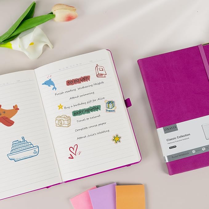 A5 Lined Journal Notebook - 100 GSM Thick Paper, Hardcover Journaling Notebook for Writing, Work, Travel, School, College Ruled Journal for Women Men, PU Leather Note Book, 5.5”x8.3”- Raspberry-DeskLoop Office