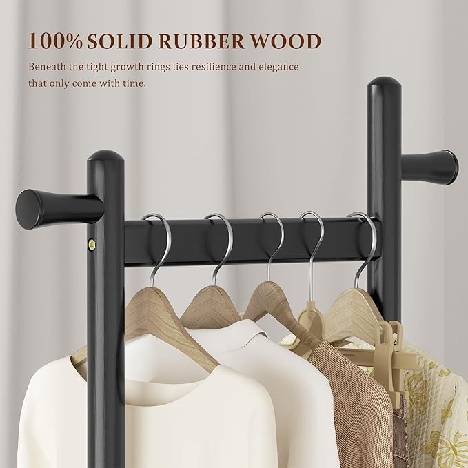 Coat Rack Freestanding Clothing Rack with Wheels & 2 Shelves Storage & 5 Hooks Heavy Duty Clothes Rack Wood Coat Tree Stand Hat Hanger Rack for Corner Bedroom Entryway Living Room Hotel-DeskLoop Office