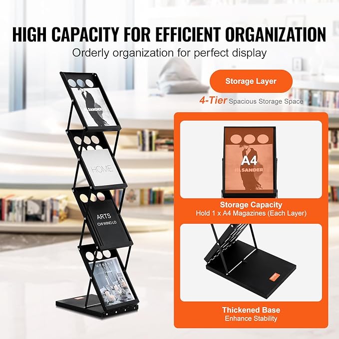 VEVOR Foldable Magazine Display Rack, 4-Tier Brochure Literature Display Stand, Portable Catalog Brochure Holder Stand with Carrying Bag for Office Trade Show Exhibitions, 4 Pockets-DeskLoop Office