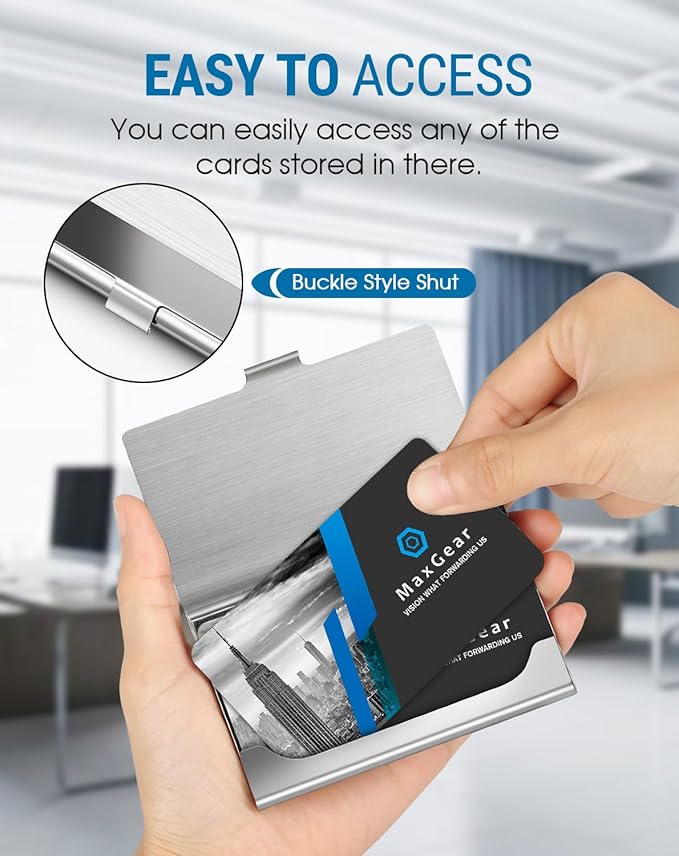 MaxGear Stainless Steel Business Card Holder, Slim Card Case, Buckle Closure - Image 2