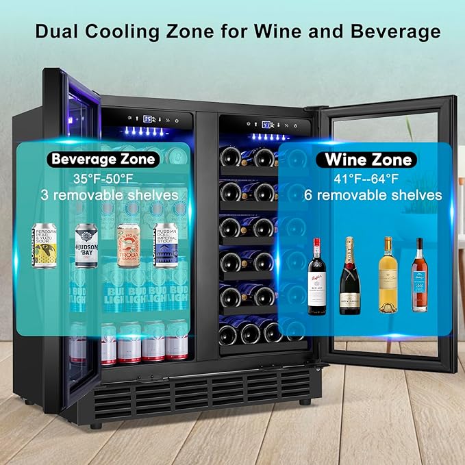 30'' Wine and Beverage Refrigerator, Upgrade Dual Zone Wine Cooler, 30 Inch Wine beverage Fridge Built in or Freestanding Under Counter Large Capacity Glass Door Advanced Cooling System,Black-DeskLoop Office