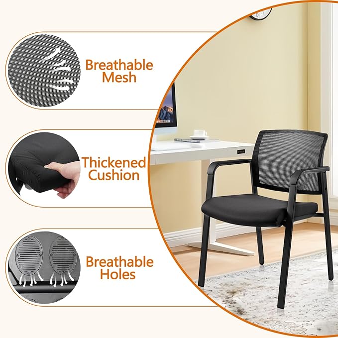CLATINA Mesh Back Stacking Arm Chairs with Upholstered Fabric Seat and Ergonomic Lumber Support for Office School Church Guest Reception Black 4 Pack Set New Version-DeskLoop Office
