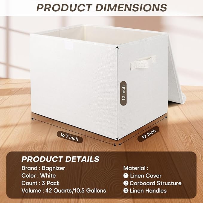 Large 17" 42 Quarts Collapsible Stackable Storage Bins with Lids [3-Pack] Foldable Fabric Linen Storage Boxes Cube, Closet Organizer Baskets with Label (16.7 x 12 x 12", White)-DeskLoop Office