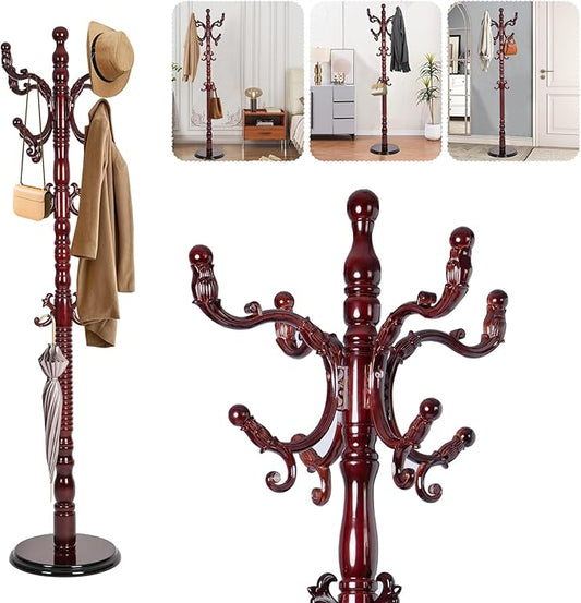 Solid Wood Coat Rack – 73" Freestanding Coat Racks Stand with 14 Hooks & Stable Round Base, Adjustable Height Modern Wooden Hall Tree for Entryway, Bedroom, Office, Home (Mahogany Round)-DeskLoop Office