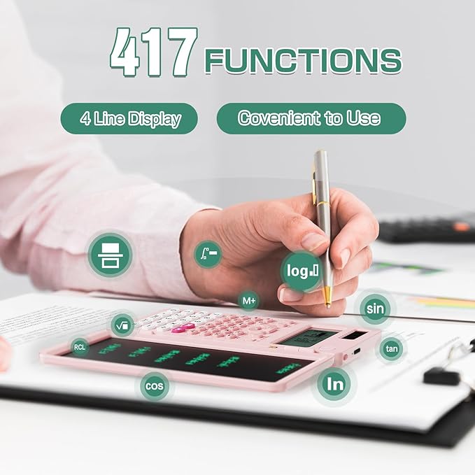 Rechargeable ROATEE 991ES MAX Scientific Calculators, CalcNote Multiview 4-Line Display with LCD Writing Tablet Notepad, Foldable Portable for Business High School College Students and Teacher(Pink)-DeskLoop Office