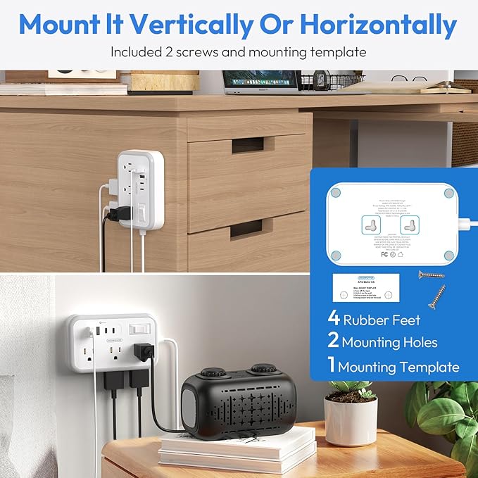 Flat Plug Extension Cord 25 ft, Surge Protector Power Strip, Outlet Extender with 6 Outlets 4 USB Ports, Overload Protection, Long Extension Cord with Multiple Outlets for Indoor, Home, Office, White-DeskLoop Office