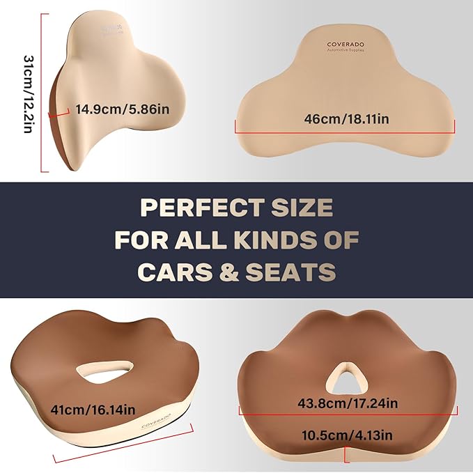 Coverado Seat Cushion and Lumbar Support Pillow for Car Office Chair, Ergonomic Memory Foam Desk Chair Cushion Back Support Pillow, Sciatica & Back & Tailbone Pain Relief Cushion-Beige-DeskLoop Office