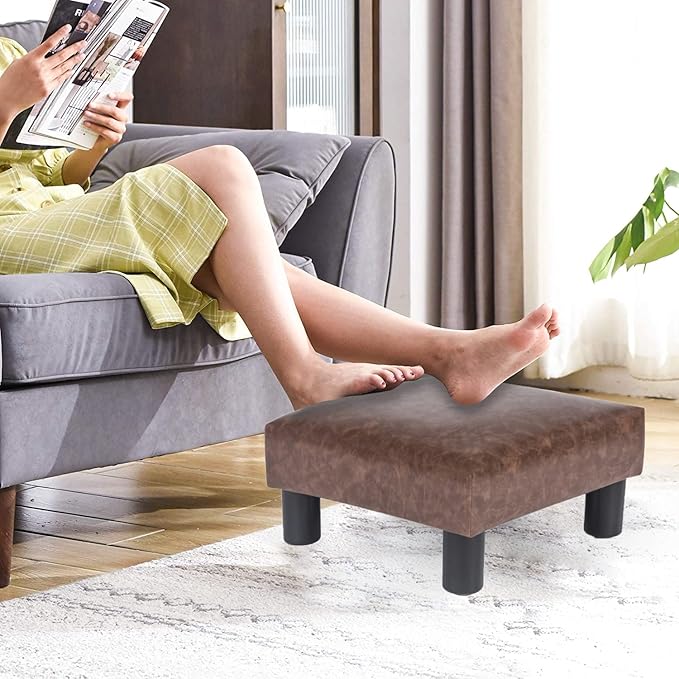 Joveco Small Footstool Ottoman Upholstered PU Leather Square Footrest Ottomans Small Foot Rest for Desk Couch Living Room Bedroom Office (Brown)-DeskLoop Office