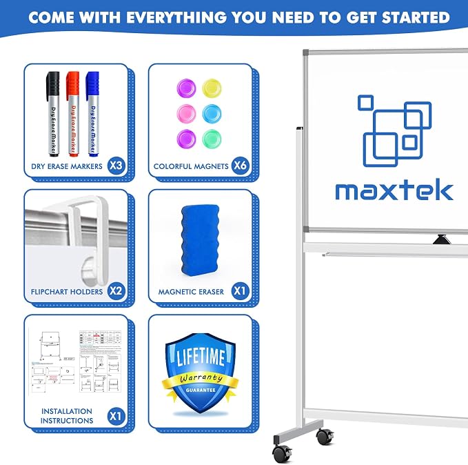 Maxtek Rolling White Board on Wheels 48x32 inch Double Side Magnetic Dry Erase - Image 8