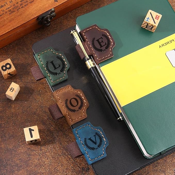Custom Bookmark with Pen Holder with 26 Letters Personalized Magnetic Leather Book Mark, Customized Name Book Marker Clip with Initial for Men Women, Gifts for Book Lovers, Readers, (Coffee, L)