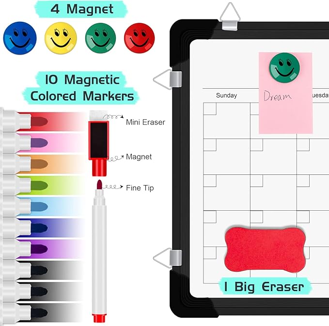 Polegas Dry Erase Whiteboard Calendar, Magnetic White Board Dry Erase Calendar, 16" X 12" Monthly Calendar Whiteboard for Wall, Small Double Side Board to Do List for Home, School, Office (Black)-DeskLoop Office