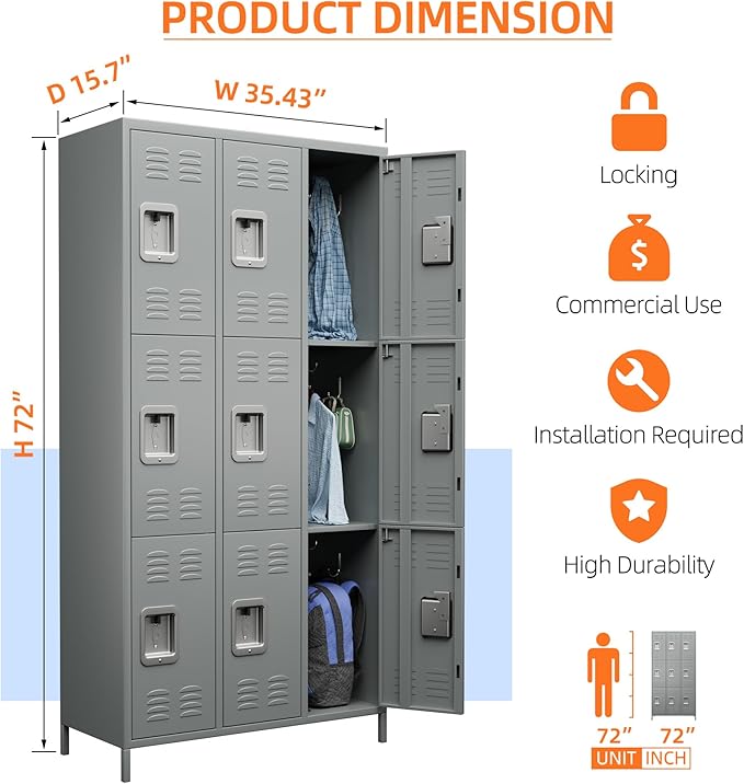 Metal Storage Locker with 9 Doors and 27 Hooks,Metal Lockers for Employees with Lock for School Garage Office Gym,Assembly Required,Light Grey-DeskLoop Office