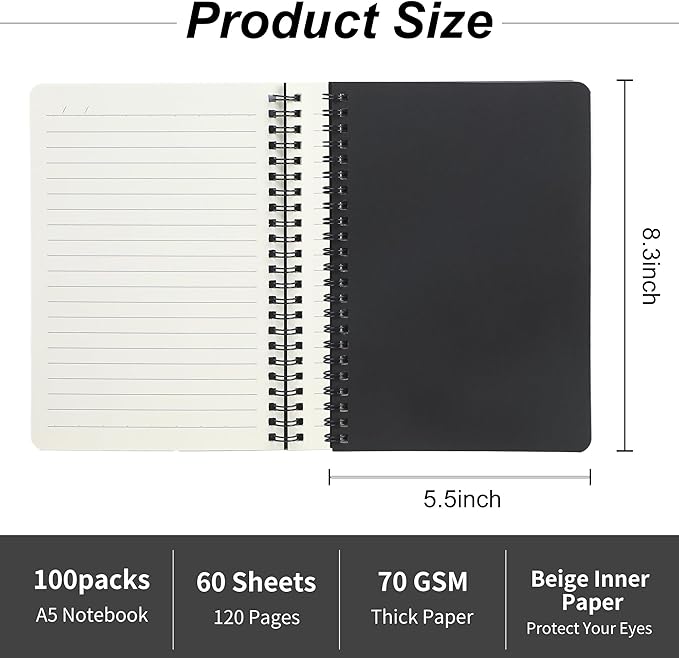miikoul 100 Packs A5 Spiral Notebooks, Black Ruled Notebooks Bulk, 8.3"×5.5", 60 Sheets/120 Pages, Hardcover Lined Journal Notepad Travel Notebooks for Office and Back to School Supplies-DeskLoop Office