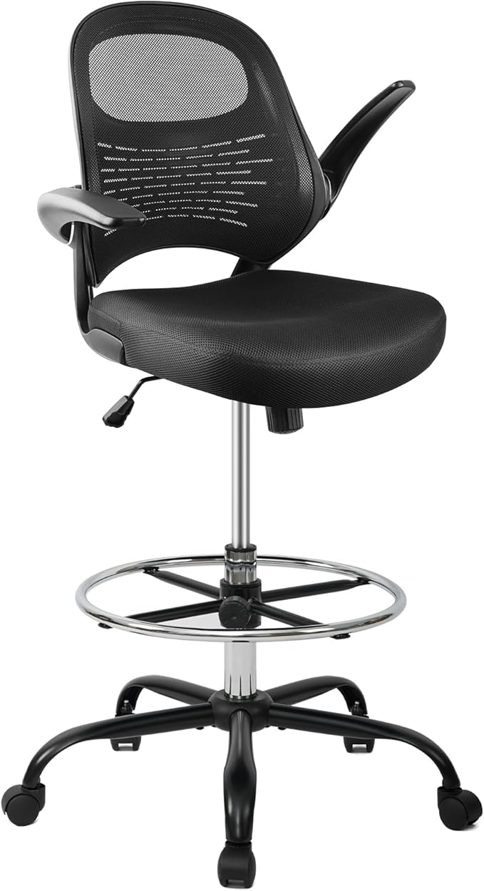 HYLONE Drafting Chair Tall Office Chair with Flip-Up Armrests Ergonomic Computer Chair with Lumbar Support Adjustable Footrest Ring Mesh Standing Desk Chair (Black)-DeskLoop Office