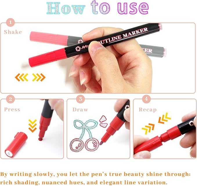 Artecho 12 Colors Self-Outline Metallic Markers, Professional Double Line - Image 3