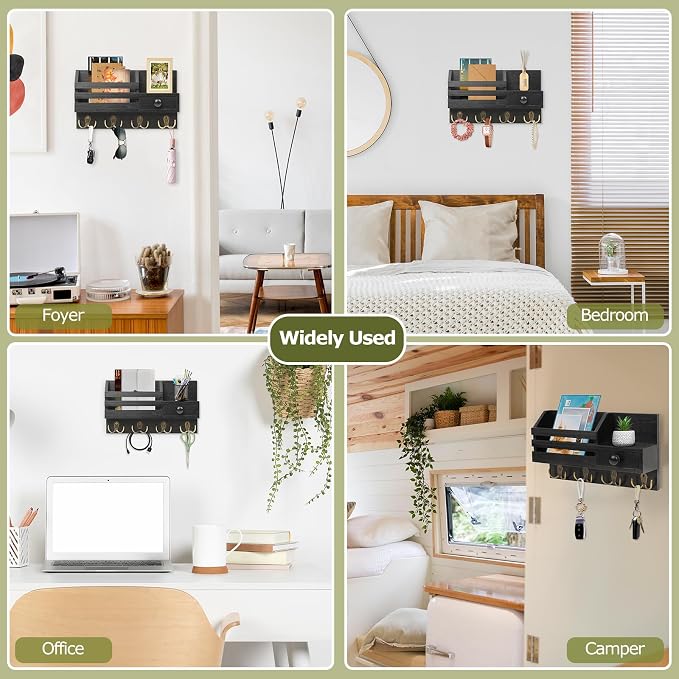 Key Holder Wall Mount, Wooden Adhesive Mail and Key Organizer - Image 6