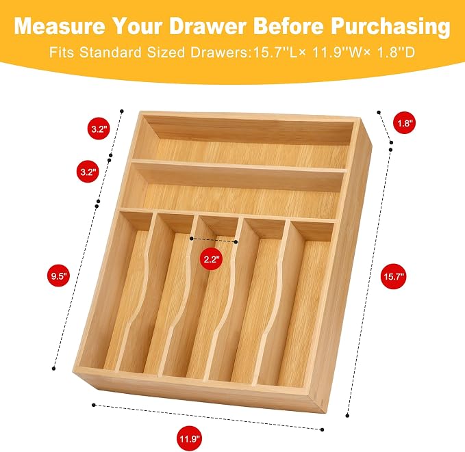 oridom Kitchen Bamboo Silverware Organizer, Kitchen Drawer Organizer - Image 3