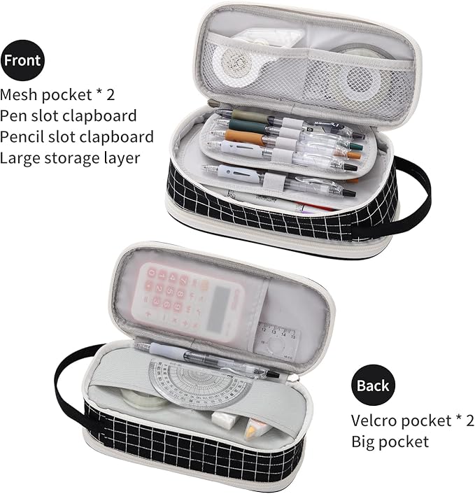 Large Pencil Case Zipper Pencil Pouch for Girls Boys Adults Kids Aesthetic Pencil Bag Organizer Big Capacity Pens Bag with Handle Portable for School Office Black-plaid-DeskLoop Office