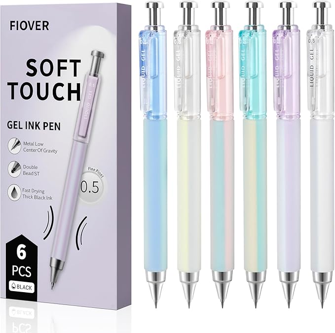 FIOVER 6 Pack 0.5mm Black Gel Pens, Quick Dry Fine Tip Pens by FIOVER
