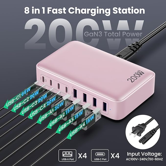 USB C Charger 200W USB C Charger Block,Upgraded GaN III 8-Port Fast Charging Station Hub,PD 65W Laptop Charging Adapter Compatible with MacBook Pro/Air,DELL,Steam Deck,iPhone 16/15/14,Galaxy S23/22-DeskLoop Office