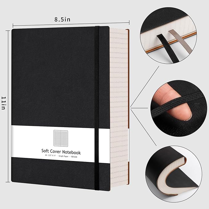 AHGXG Graph Paper Notebook - Grid Paper Notebook Large A4 8.5''×11'', 320 Pages Thick Journal, 100gsm Thick Graph Paper, Leather Softcover, Inner Pocket - Black-DeskLoop Office