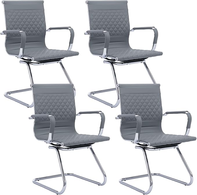 Office Guest Reception Chairs Set of 4 - Modern PU Leather Mid Back Conference Room Chairs for Waiting Room, Desk - Grey-DeskLoop Office